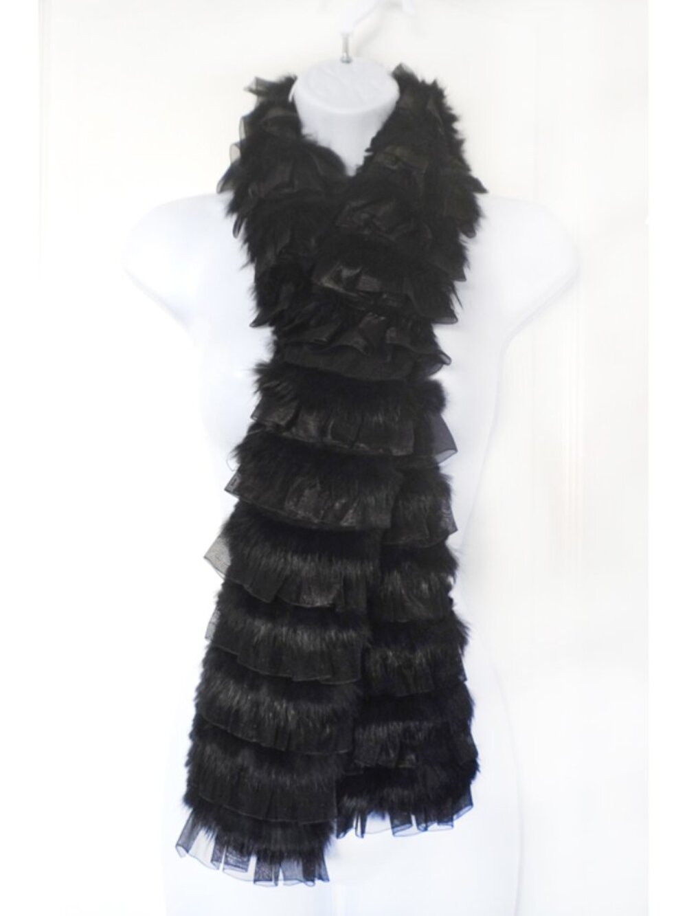 Long luxurious black rabbit fur and chiffon scarf